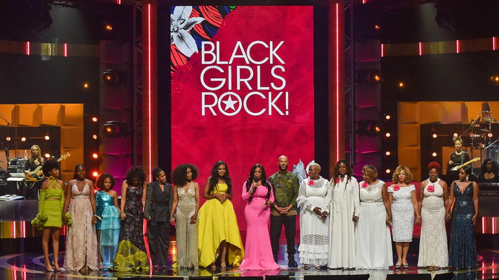 Black Girls Rock! performers and honorees onstage, including Debra Chase Martin, Regina King, Angela Bassett, Beverly Bond, Niecy Nash and Common