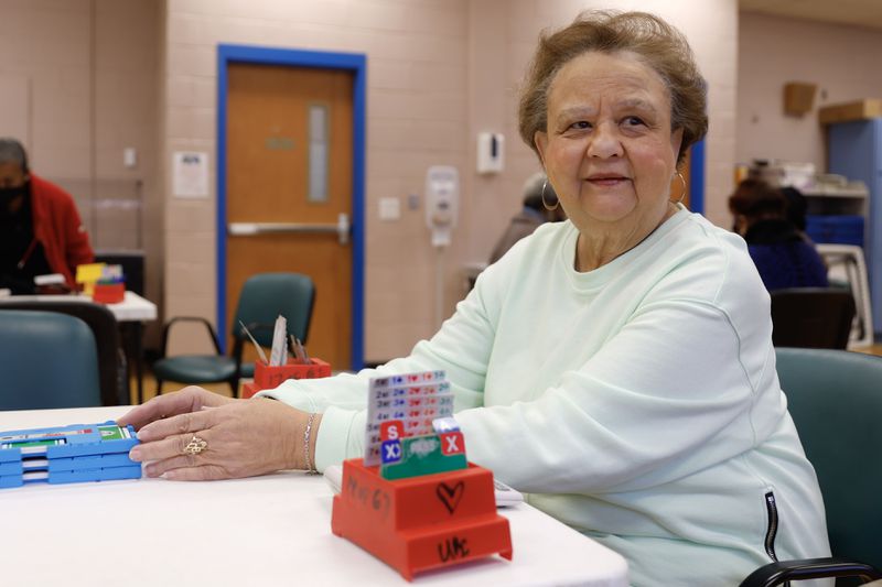 Janet Waymer poses for a portrait during the University Bridge Club’s weekly game at Quality Living Services (QLS) in Atlanta on Tuesday, Jan. 24, 2023. (Natrice Miller/natrice.miller@ajc.com) 